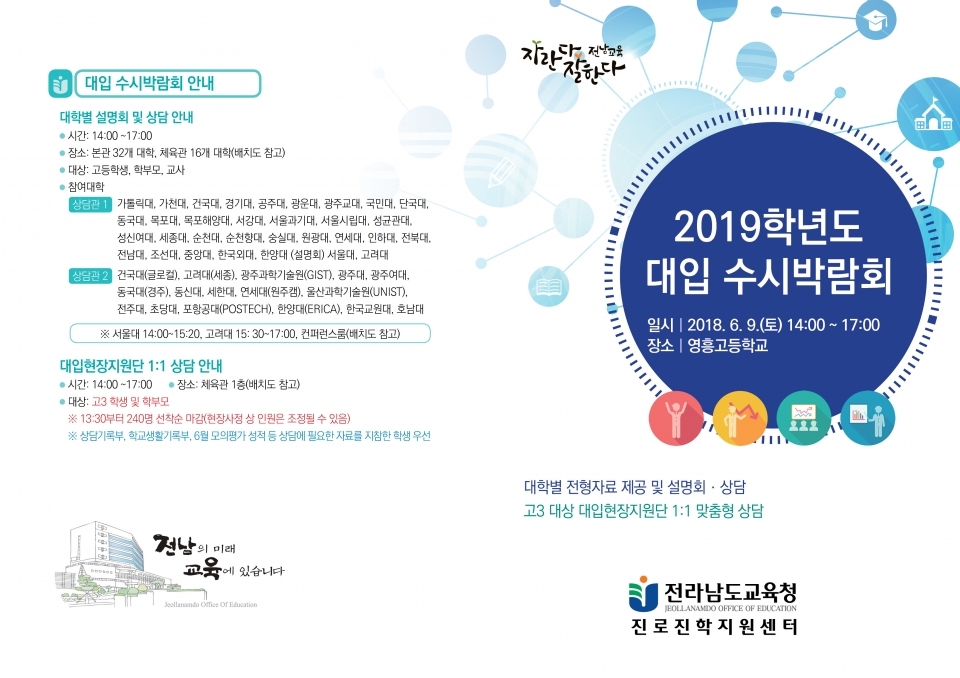 전남도교육청은 9일 목포 영흥고, 10일은 순천복성고에서 2019대입수시박람회를 개최한다.