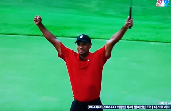 미국프로골프(PGA) 투어 플레이오프 최종전에서 우승한 뒤 손을 번쩍 들어올리는 우즈 (사진=방송화면 캡처)