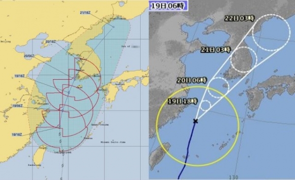 미국 합동태풍경보센터(JTWC, 왼쪽)과 일본 기상청의 태풍 ‘다나스’ 예상 경로